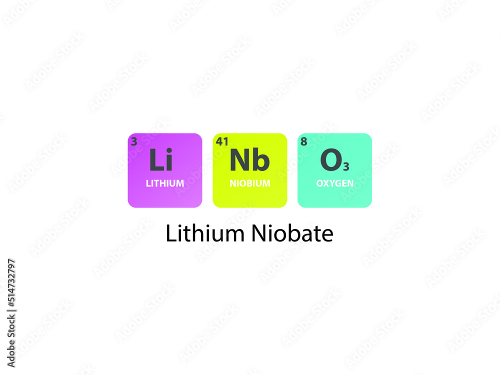 Fototapeta premium LiNbO3 Lithium Niobate molecule. Simple molecular formula consisting of Lithium, Niobium, Oxygen elements. Chemical compound simplified structure.