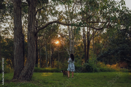 Woman in beautiful forest setting with lovely American Bulldog
