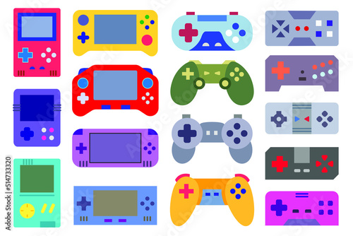 Video game gadgets set. Collection of colorful portable handheld video game consoles and wireless game controllers. Red, yellow, blue, purple flat vector illustrations, isolated on white background,