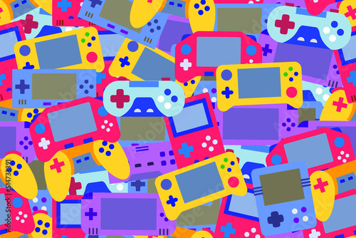 Seamless, repeating pattern with game devices. Yellow, red, blue, purple handheld consoles and remote, wireless video game controllers, colorful seamless pattern.