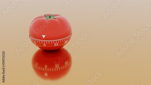 Pomodoro technique symbol on orange background with copy space. Time management concept. Red plastic kitchen mechanic clock. Tomato timer. 3d render