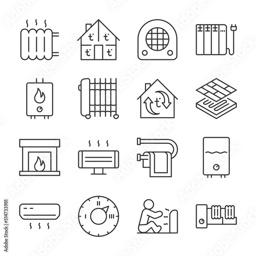 Heaters icons set.  Equipment for home and space heating, linear icon collection. Line with editable stroke