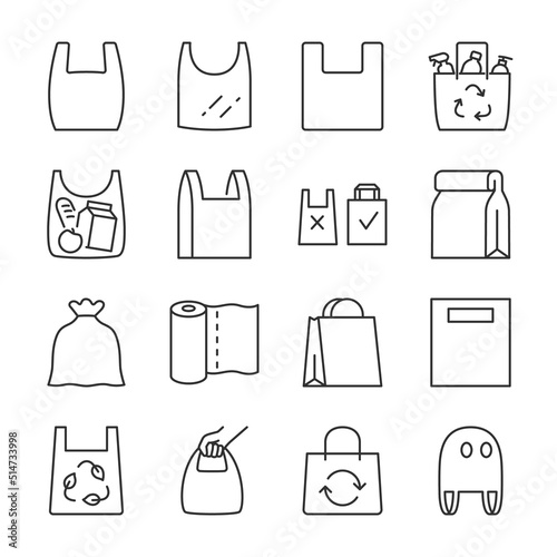 Bag package icons set. Plastic, paper, polythene and biodegradable bags, linear icon collection. Line with editable stroke