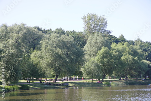 View of the pond and Tsaritsynsky park on a sunny summer day, Moscow, Russia, July 2022. photo