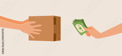 Deliveryman Giving Cardboard Box in Exchange of Cash Money Vector Cartoon - Buyer paying on delivery for internet order purchase