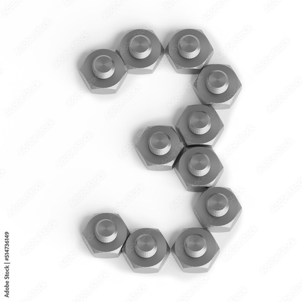 Number 3 made up of nuts and bolts. Industrial font or symbol. Three from shiny metallic nuts and bolts on white background. 3d render. Number 3 made up of nuts and bolts. Industrial font or symbol. Three from shiny metallic nuts and bolts on white background. 3d render.