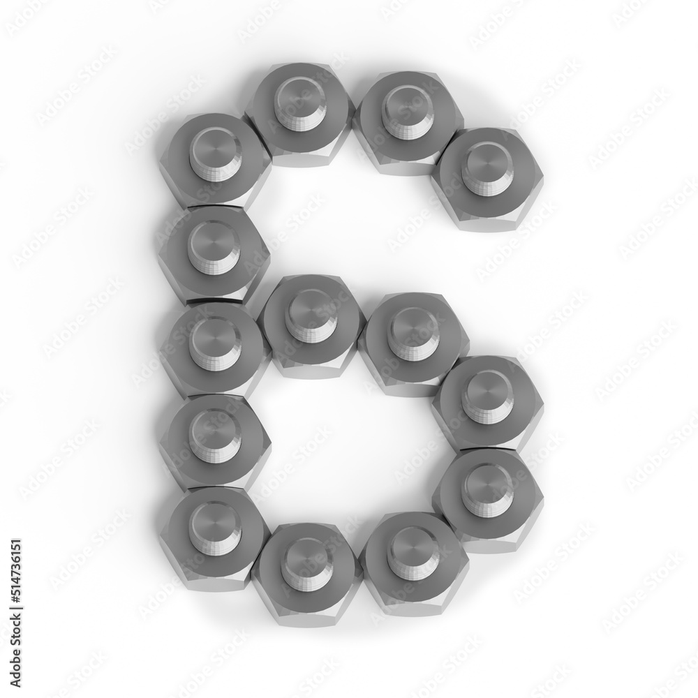 Number 6 made up of nuts and bolts. Industrial font or symbol. Six from shiny metallic nuts and bolts on white background. 3d render. Number 6 made up of nuts and bolts. Industrial font or symbol. Six from shiny metallic nuts and bolts on white background. 3d render.