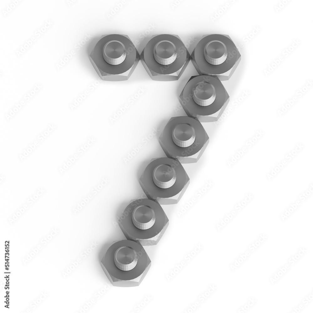 Number 7 made up of nuts and bolts. Industrial font or symbol. Seven from shiny metallic nuts and bolts on white background. 3d render. Number 7 made up of nuts and bolts. Industrial font or symbol. Seven from shiny metallic nuts and bolts on white background. 3d render.