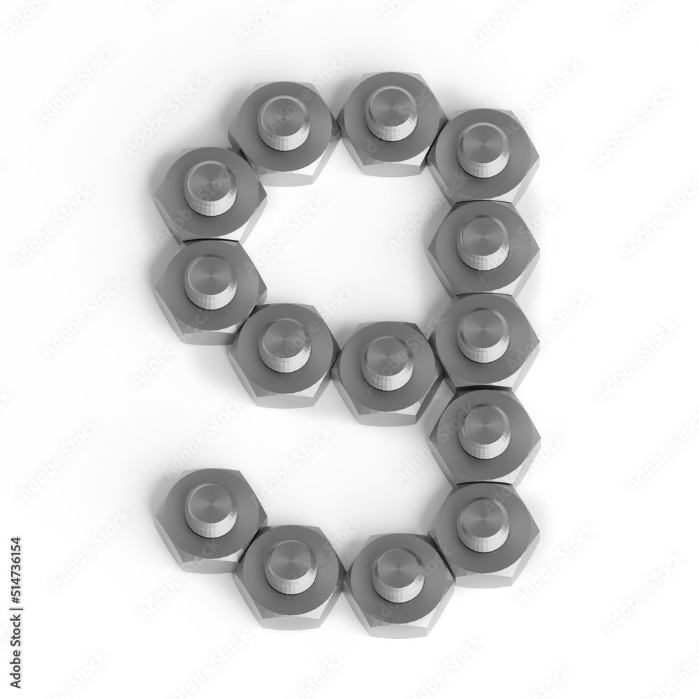 Number 9 made up of nuts and bolts. Industrial font or symbol. Nine from shiny metallic nuts and bolts on white background. 3d render. Number 9 made up of nuts and bolts. Industrial font or symbol. Nine from shiny metallic nuts and bolts on white background. 3d render.