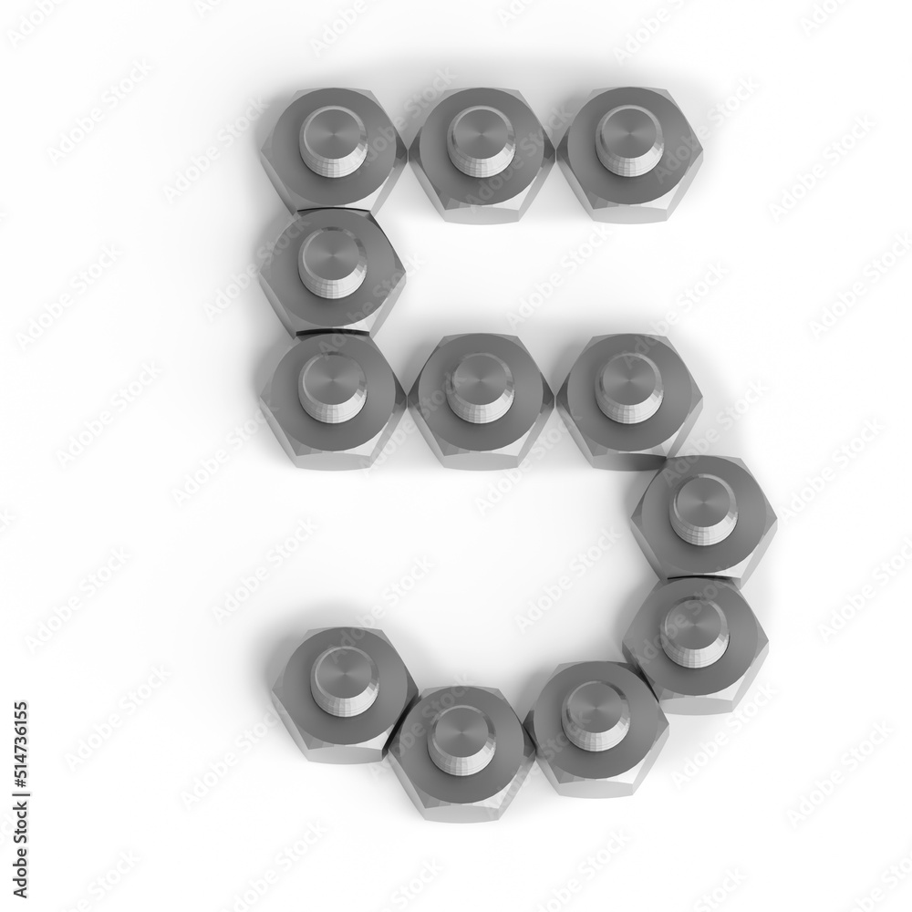 Number 5 made up of nuts and bolts. Industrial font or symbol. Five from shiny metallic nuts and bolts on white background. 3d render. Number 5 made up of nuts and bolts. Industrial font or symbol. Five from shiny metallic nuts and bolts on white background. 3d render.
