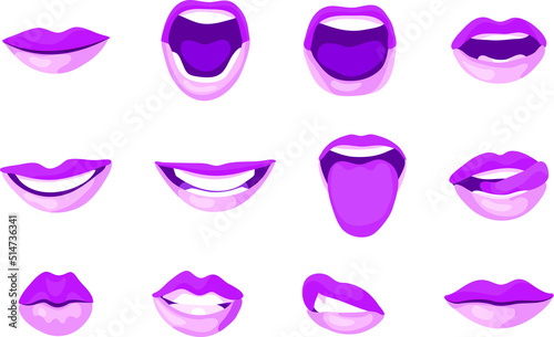 Set of woman's lips in different facial expressions including smiling, speaking, and licking.. Isolated vector illustrations.