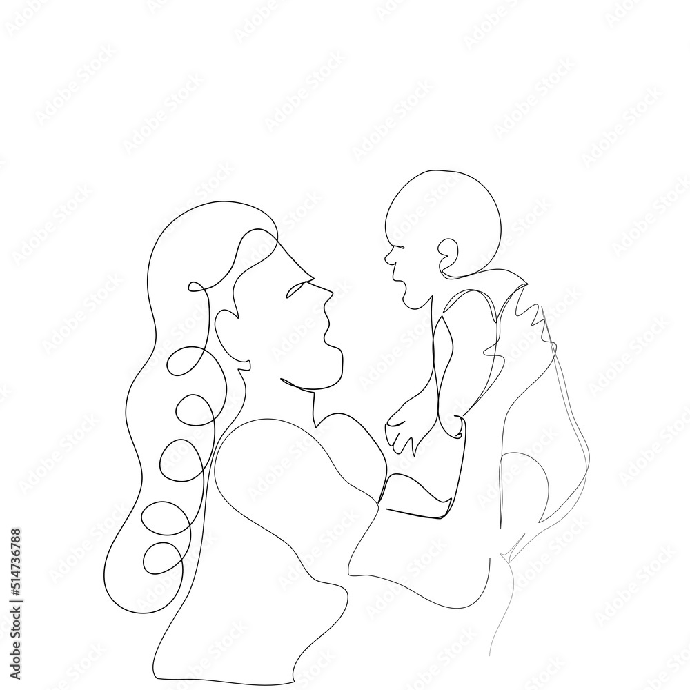 A Continue line of Mum Happy Mother and son playing together.Young Mum holding her cute baby in her arms.Smiling mum hug son on white backgrounds.Vector isolate flat design of Happy Mother's Day
