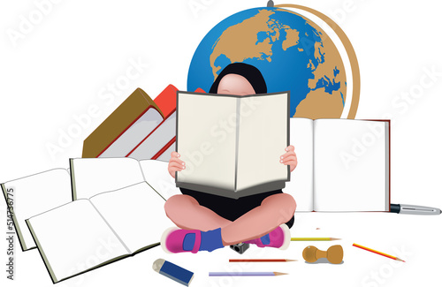 child reads and studies with international language books-