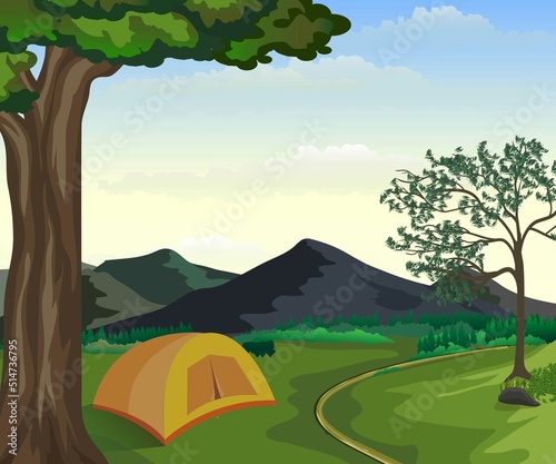 Summer Camping Vector Illustration. Landscape of Mountain with Standing Camping Dome. Beautiful Summer View with Clear Blue Sky Background