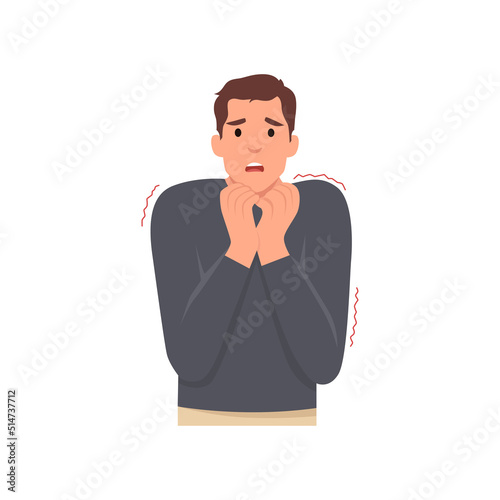 Young man standing biting nails feeling bad with ghosts at wall from inside fears. Flat vector illustration isolated on white background