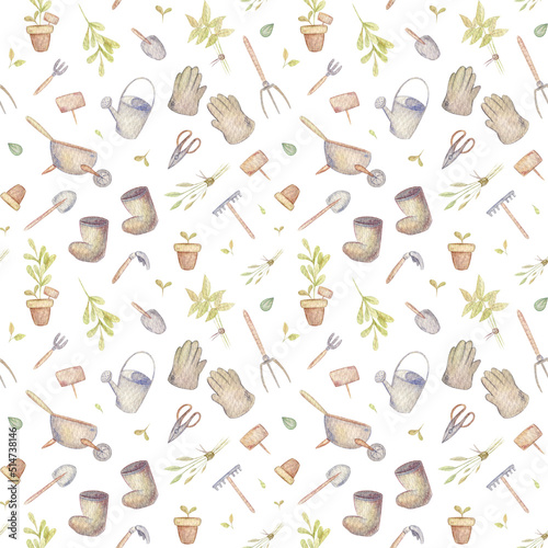 Watercolor seamless pattern with garden, nature and agriculture. Herbals and gardening tools. Farm or garden.