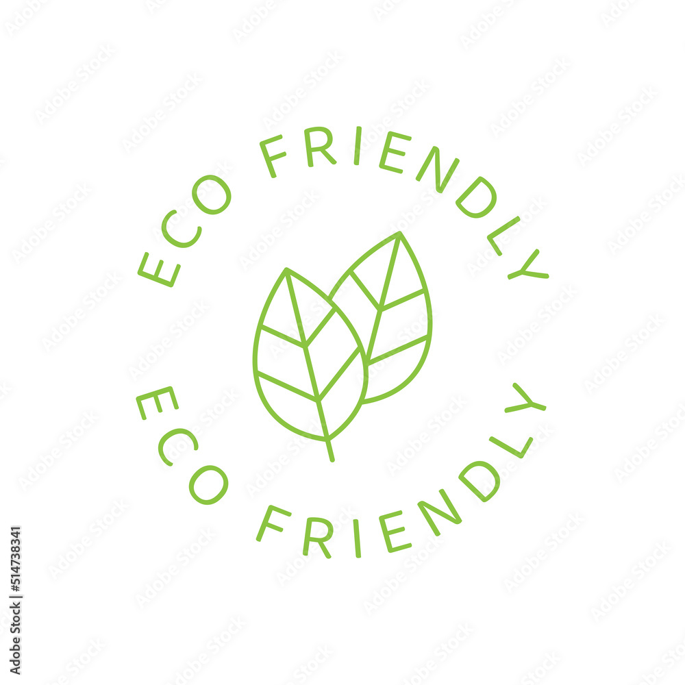 Fototapeta premium Eco friendly label with leaf. Circle ecological vector emblem.