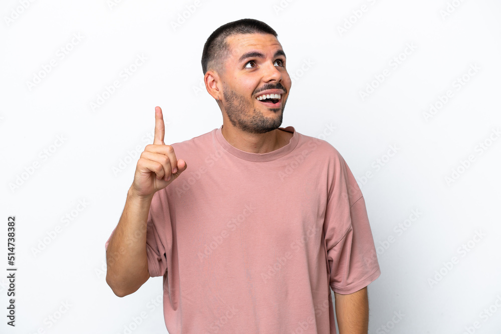 Young caucasian man isolated on white background intending to realizes the solution while lifting a finger up Young caucasian man isolated on white background intending to realizes the solution while lifting a finger up