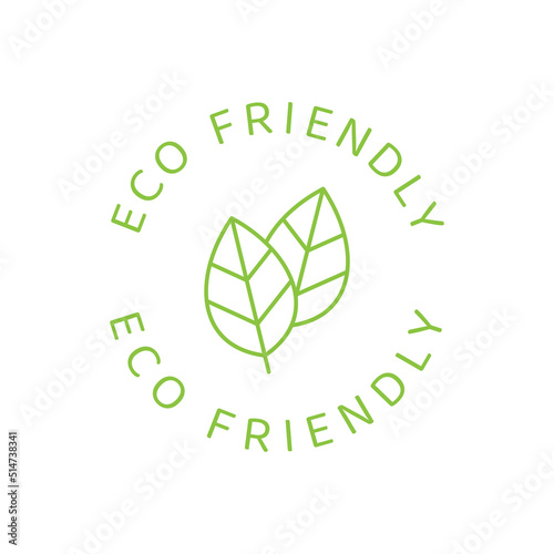 Eco friendly label with leaf. Circle ecological vector emblem.