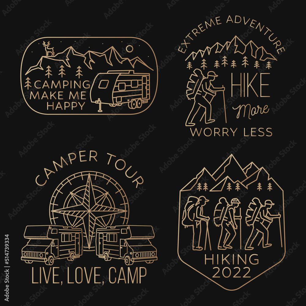 Fototapeta premium Set of camping badges, patches. Camping quote. Vector illustration. Concept for shirt or logo, print, stamp or tee.