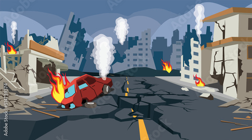 Natural Disasters. The earthquake destroyed buildings and cracked the ground.