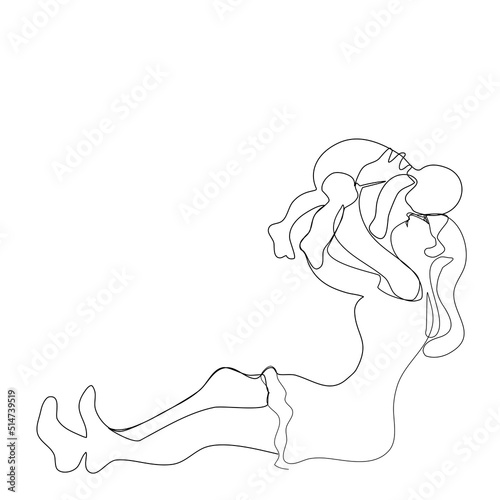 A Continue line of Mum Happy Mother and son playing together.Young Mum holding her cute baby in her arms.Smiling mum hug son on white backgrounds.Vector isolate flat design of Happy Mother's Day