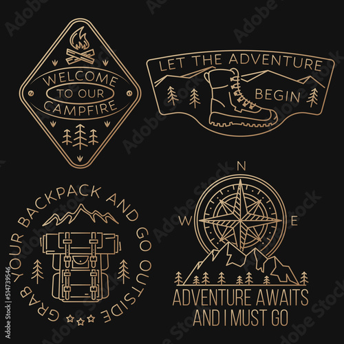 Let the adventure begin. Sammer camp line art badge. Vector illustration. Vintage line art design with hiking boots, backpack, compass, mountains, sky and forest.