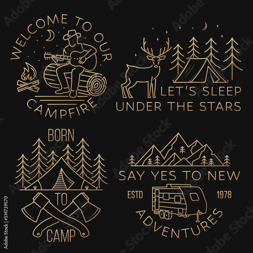 Welcome to our campfire. Vector illustration. Concept for shirt or logo, print, stamp or tee. Vintage line art design with deer, camper tent, campfire and man with guitar.