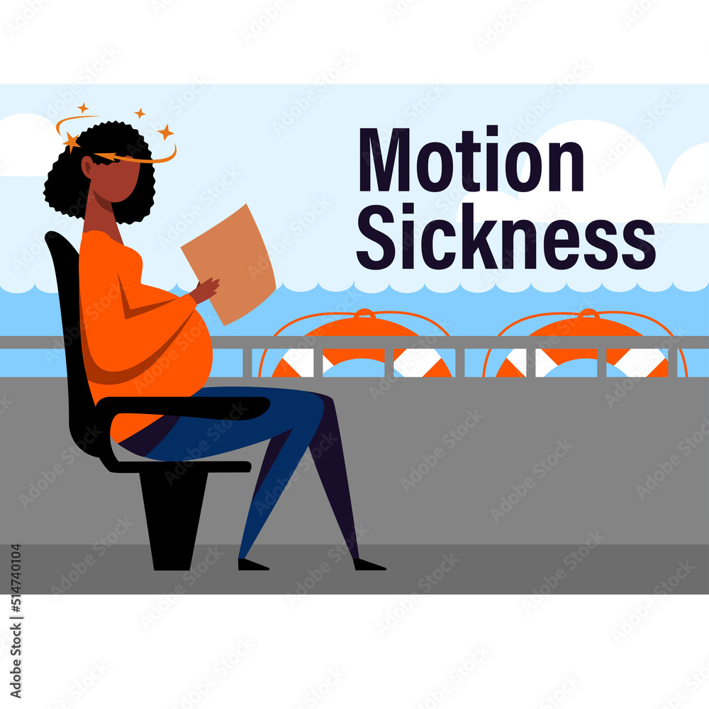 A vector image of a black pregnant woman in the ship with motion sickness and dizziness. A color image for a travel poster, flyer or article.