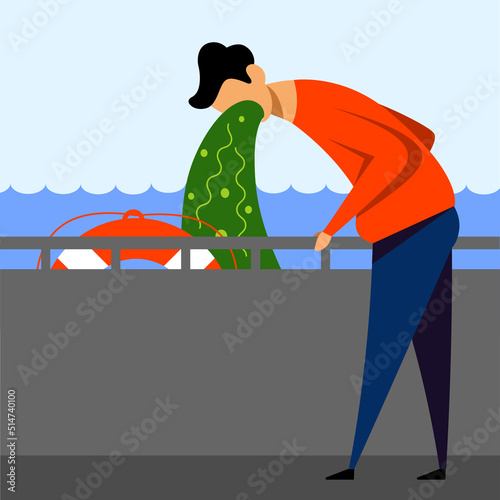 A vector image of a man in the ship with motion sickness and dizziness. A color image for a travel poster, flyer or article.
