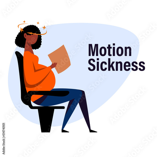 A vector image of a black pregnant woman in the transport with motion sickness and dizziness. A color image for a travel poster, flyer or article.