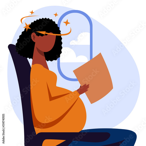 A vector image of a black pregnant woman in the transport with motion sickness and dizziness. A color image for a travel poster, flyer or article. photo