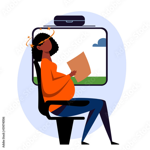 A vector image of a black pregnant woman in the transport with motion sickness and dizziness. A color image for a travel poster, flyer or article.