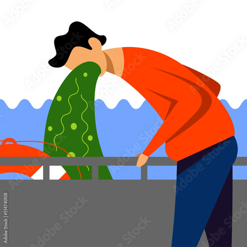 A vector image of a man in the ship with motion sickness and dizziness. A color image for a travel poster, flyer or article.
