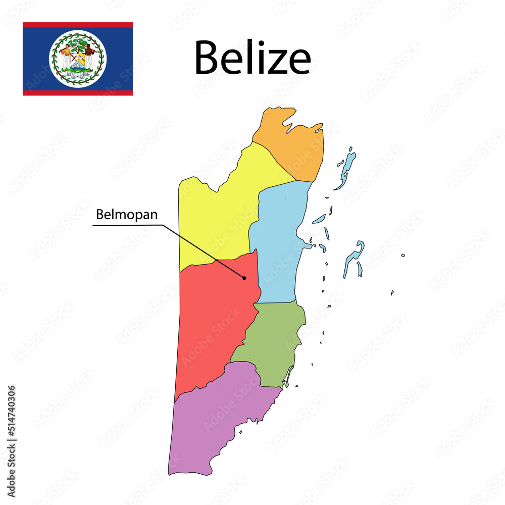 Map with city boundaries and the flag of Belize.