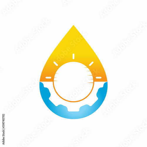 Sun gear with water drop vector logo design. Solar panel technology logo concept.