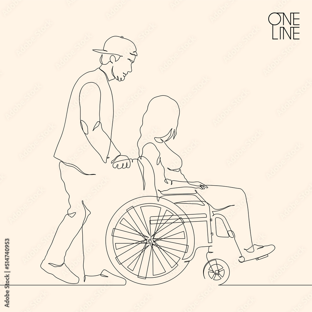 Girl in wheelchair. Man take care of disabled woman. Continuous line Girl in wheelchair. Man take care of disabled woman. Continuous line
