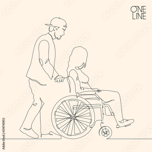 Girl in wheelchair. Man take care of disabled woman. Continuous line