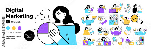 Set of business and finance people illustrations. Flat design line vector illustrations of business, management, payment, online business and data analysis, communication