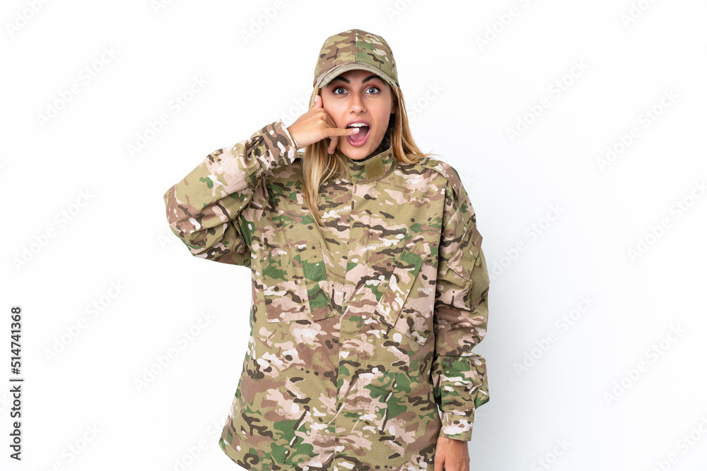 Military woman isolated on white background making phone gesture. Call me back sign