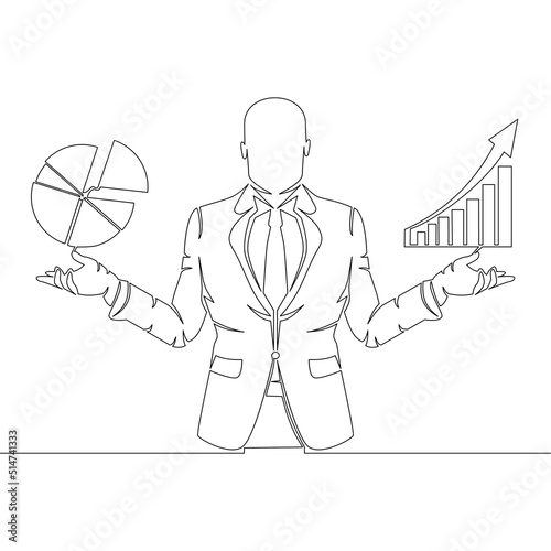 Continuous line drawing businessman consider graph and chart make financial market analysis concept