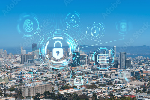 Panoramic view of San Francisco skyline at daytime from hill side. Financial District, residential neighborhoods. The concept of cyber security to protect confidential information, padlock hologram