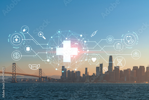 City view, Bay Bridge and San Francisco Skyline Panorama from Treasure Island, sunset, California, United States. Health care digital medicine hologram. The concept of treatment and disease prevention