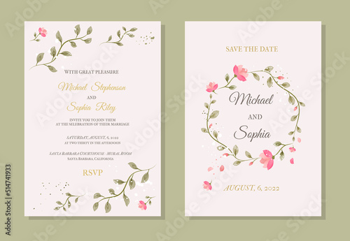 Wedding invitation in watercolour style for wedding in rustic style