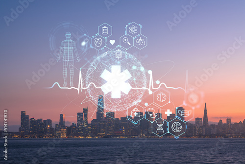 Skyline of San Francisco Panorama city view, Illuminated sunset from Treasure Island, California, United States. Health care digital medicine hologram. The concept of treatment and disease prevention