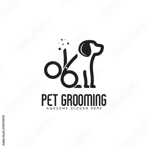creative simple scissor with dog logo design, pet grooming logo concept in linear style modern vector template icon