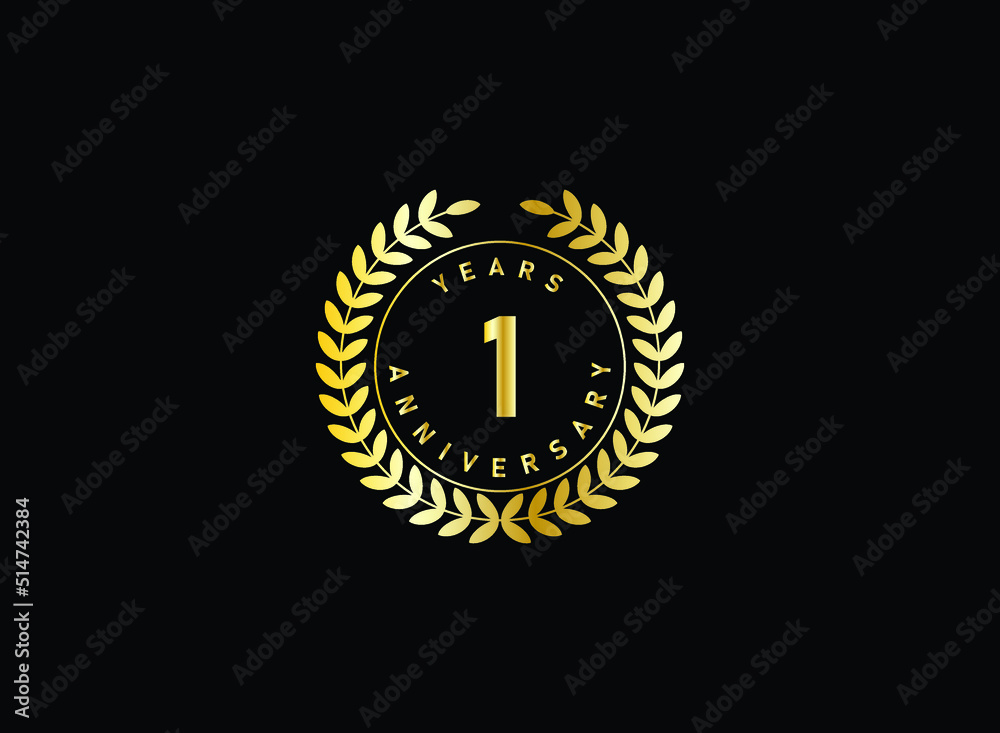Fototapeta premium 1th anniversary celebration with gold glitter color and white background. Vector design for celebrations, invitation cards and greeting cards.