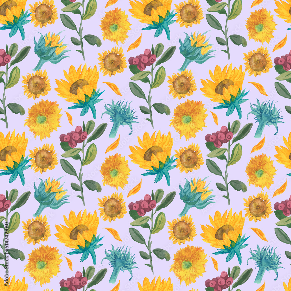 Watercolor seamless pattern with yellow sunflowers and red lingonberries on purple background.Repeating,botanical,autumnal hand painted print.Design for textiles,fabric,wrapping paper,printing.