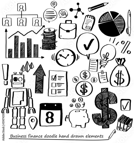 Business Finance hand draw doodles sketches with whiteboard marker marker pen infographic elements on white