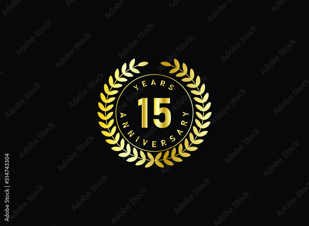 15th anniversary celebration with gold glitter color and white background. Vector design for celebrations, invitation cards and greeting cards.